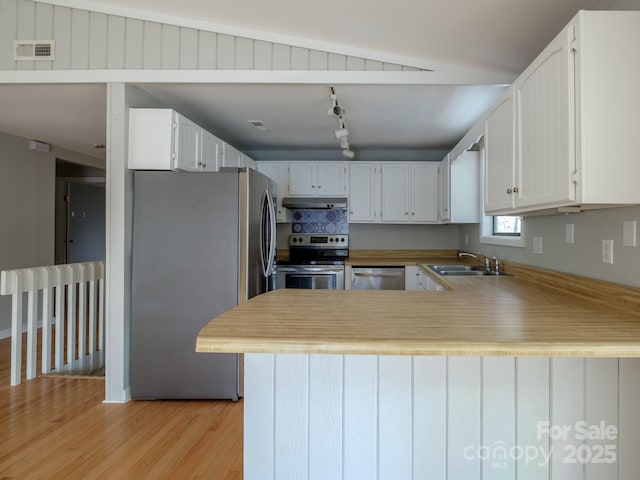 kitchen featuring stainless steel appliances, white cabinetry, a sink, and a peninsula