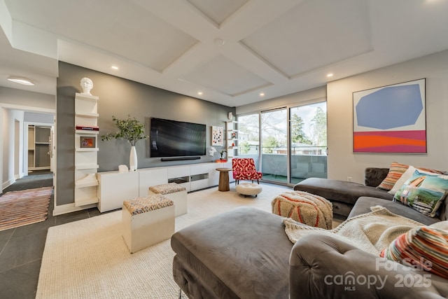 living room with beam ceiling, tile patterned flooring, and coffered ceiling