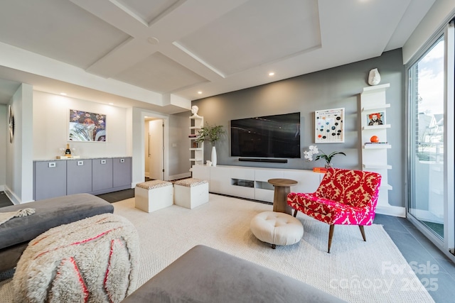 living room featuring beam ceiling and coffered ceiling