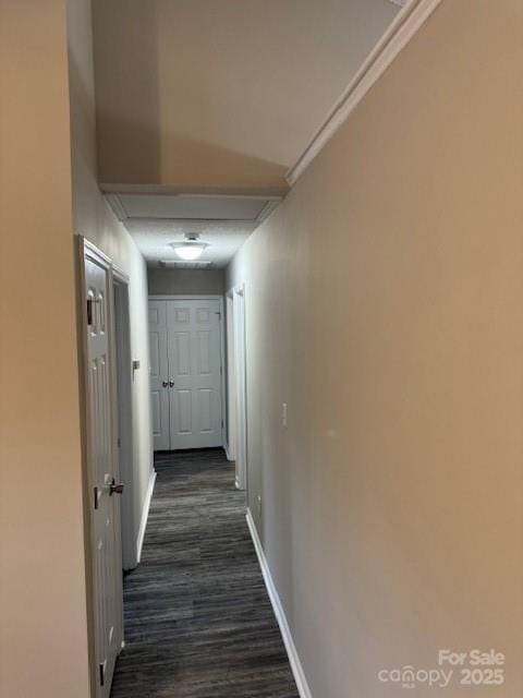 hall featuring dark wood-type flooring and baseboards