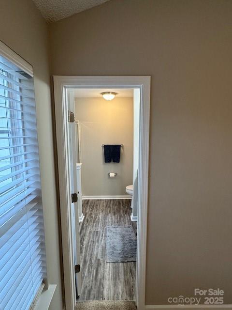 bathroom with a textured ceiling, wood finished floors, toilet, and baseboards