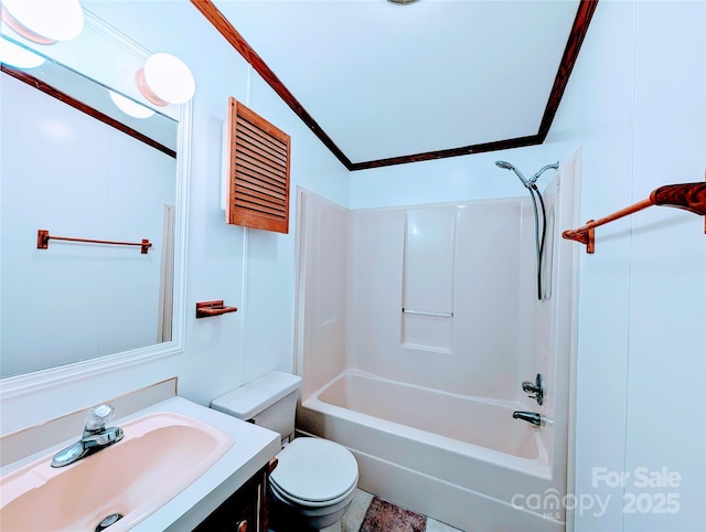 full bathroom featuring ornamental molding, vanity, toilet, and bathtub / shower combination