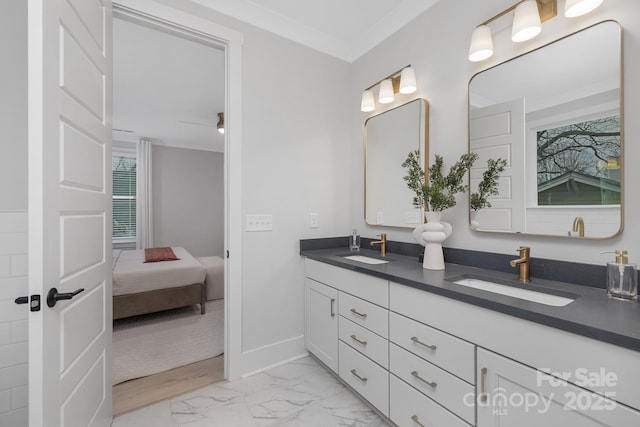 bathroom with a healthy amount of sunlight, ornamental molding, and vanity