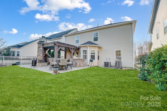 back of house featuring a patio, central AC, fence, a yard, and a pergola