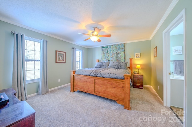 carpeted bedroom with ceiling fan, ornamental molding, and a textured ceiling