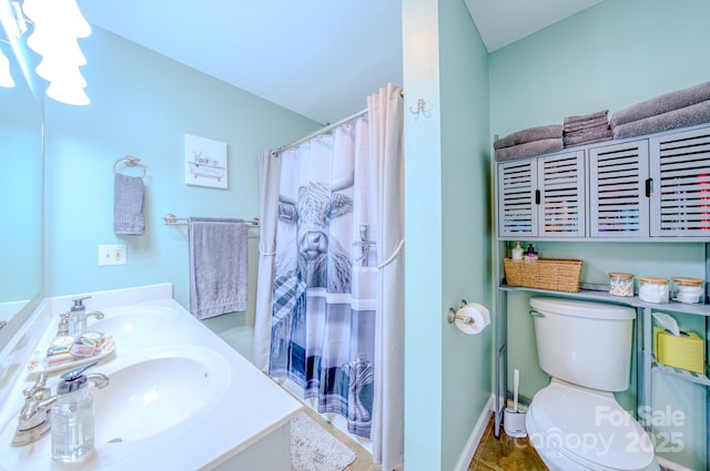 bathroom featuring vanity, toilet, and curtained shower