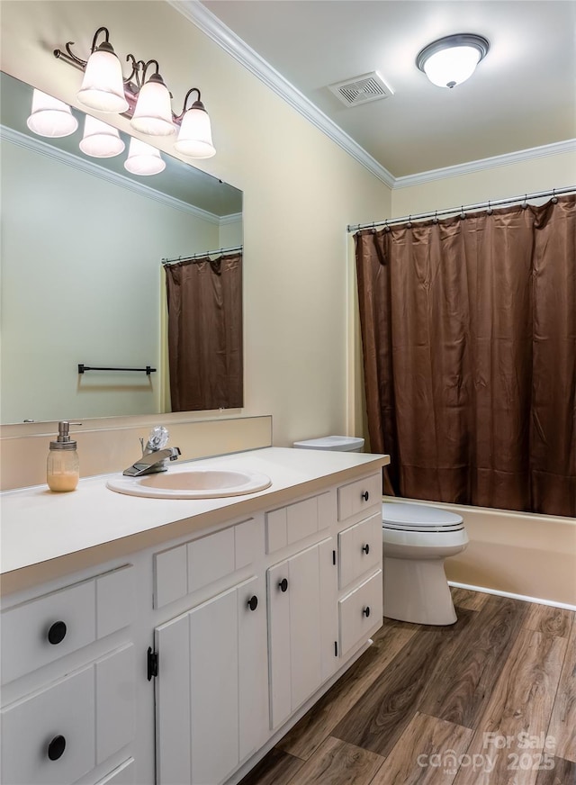 6108 Gold Creek Estate Dr, Hickory, NC 28601 - bathroom featuring crown molding, vanity, wood finished floors, and shower / bath combo with shower curtain