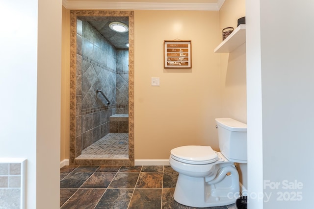 6108 Gold Creek Estate Dr, Hickory, NC 28601 - bathroom with tiled shower, ornamental molding, and stone finish flooring