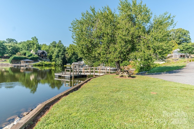 6108 Gold Creek Estate Dr, Hickory, NC 28601 - dock featuring a lawn, a water view, and view of wooded area