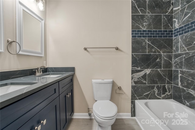 full bathroom featuring vanity, tiled shower / bath combo, toilet, and hardwood / wood-style flooring