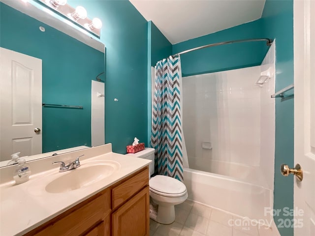 full bathroom with vanity, tile patterned flooring, toilet, and shower / bath combo with shower curtain