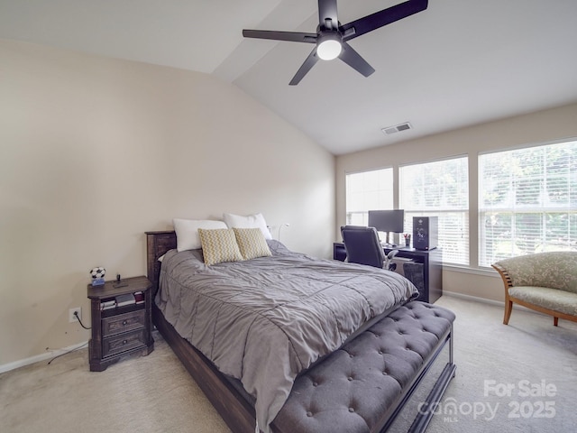 bedroom with light carpet, lofted ceiling, and ceiling fan