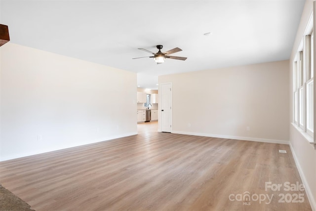 unfurnished living room with ceiling fan and light hardwood / wood-style flooring