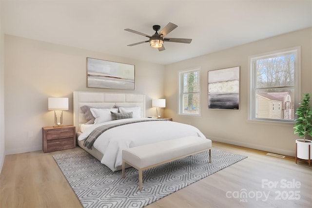 bedroom with ceiling fan and light wood-type flooring