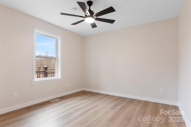 spare room with ceiling fan and light hardwood / wood-style flooring