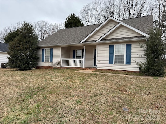 single story home featuring a porch and a front yard