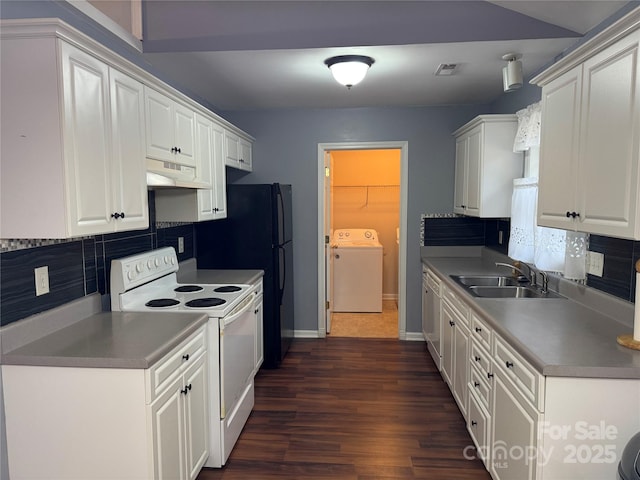 kitchen with white cabinets, washer / dryer, sink, and white range with electric stovetop