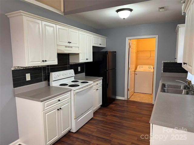 kitchen with washer / dryer, sink, white electric range oven, and white cabinets