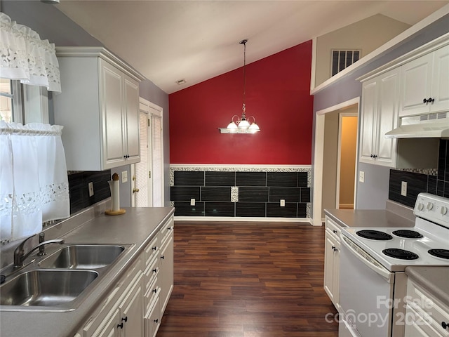 kitchen with pendant lighting, white electric range oven, sink, and white cabinets