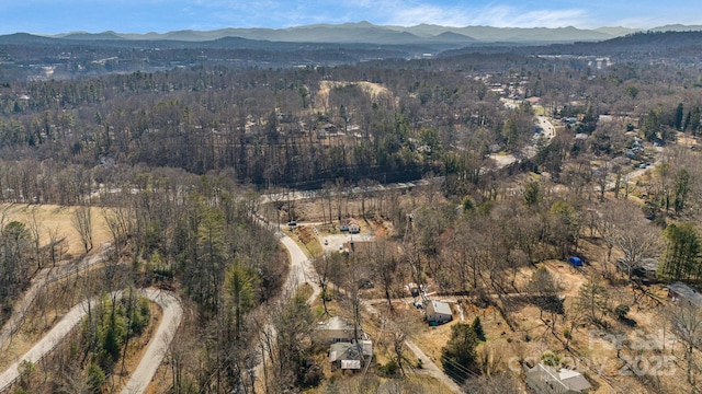 drone / aerial view featuring a mountain view and a view of trees