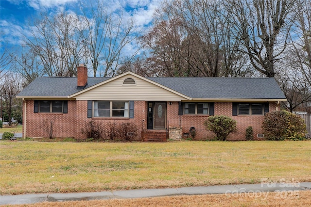 ranch-style house featuring crawl space, a front lawn, a chimney, and brick siding