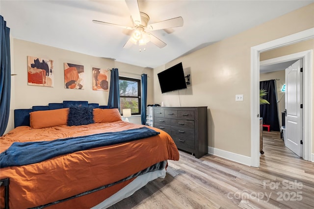 bedroom featuring ceiling fan and light wood-type flooring