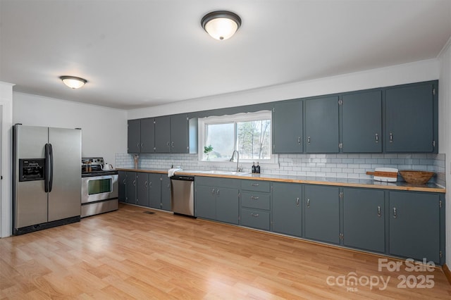 kitchen featuring a sink, appliances with stainless steel finishes, light wood-type flooring, backsplash, and gray cabinets