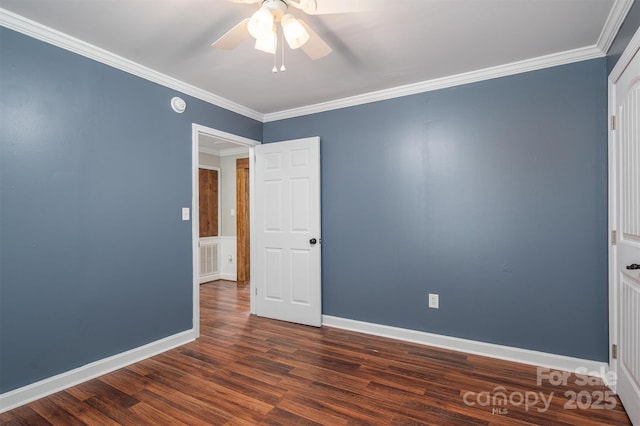 interior space with ceiling fan, wood finished floors, visible vents, and crown molding