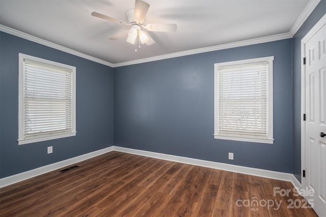 unfurnished room with ceiling fan, baseboards, visible vents, and dark wood finished floors