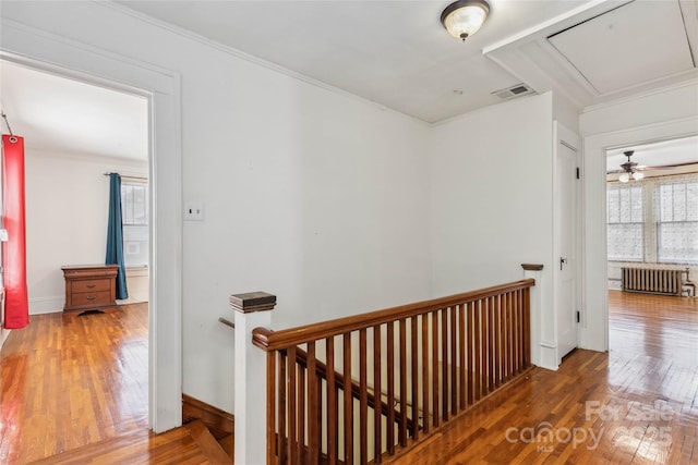 hall with a wealth of natural light, radiator, hardwood / wood-style floors, and ornamental molding