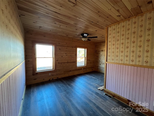 empty room featuring dark hardwood / wood-style floors, wooden ceiling, ceiling fan, and wood walls