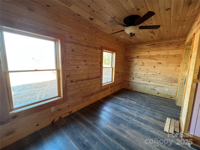 empty room featuring wood ceiling, ceiling fan, wooden walls, and dark wood-type flooring