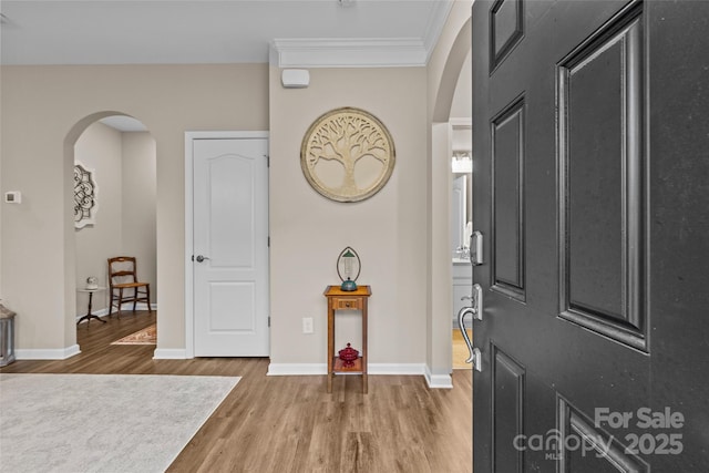 entrance foyer featuring wood-type flooring and ornamental molding