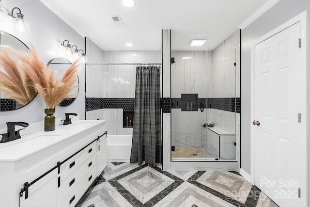 bathroom with shower with separate bathtub, ornamental molding, and vanity