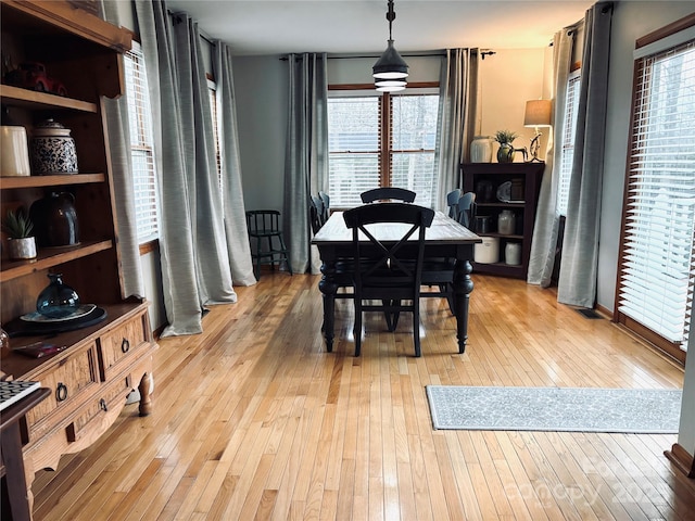 dining space featuring light wood-type flooring and a healthy amount of sunlight