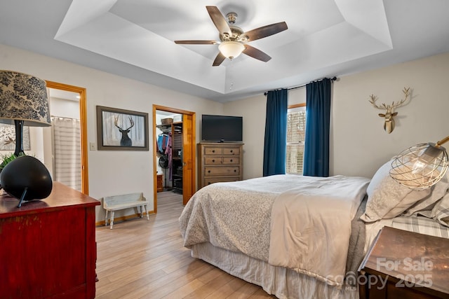 bedroom featuring ceiling fan, a closet, light wood-type flooring, a tray ceiling, and a walk in closet