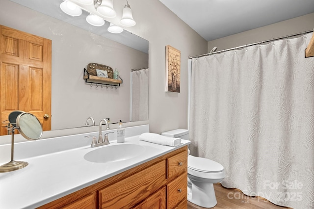 bathroom featuring toilet, wood finished floors, and vanity