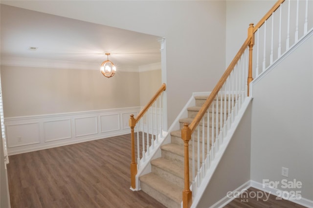2043 Covered Bridge Ct, Rock Hill, SC 29732 - stairs with wood finished floors, crown molding, and a chandelier