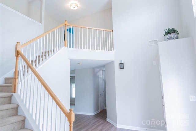 2043 Covered Bridge Ct, Rock Hill, SC 29732 - staircase with wood finished floors, baseboards, and a high ceiling
