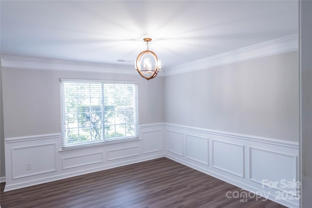 2043 Covered Bridge Ct, Rock Hill, SC 29732 - unfurnished room with a chandelier, a wainscoted wall, a decorative wall, ornamental molding, and dark wood-style flooring