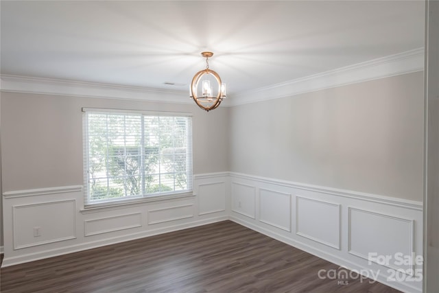 2043 Covered Bridge Ct, Rock Hill, SC 29732 - empty room featuring a chandelier, a wainscoted wall, crown molding, a decorative wall, and dark wood finished floors