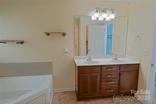 2043 Covered Bridge Ct, Rock Hill, SC 29732 - full bath featuring double vanity, a bath, baseboards, a chandelier, and tile patterned floors