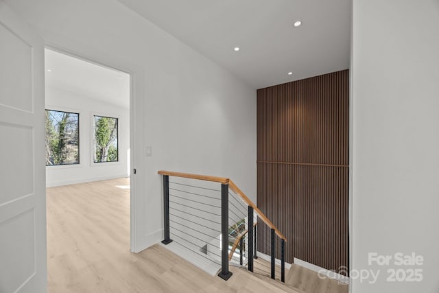 5 Dale St, Asheville, NC 28806 - hall with an upstairs landing, wood finished floors, recessed lighting, baseboards, and lofted ceiling