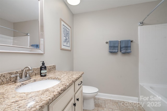 full bathroom with baseboards, toilet, shower / tub combination, tile patterned floors, and vanity