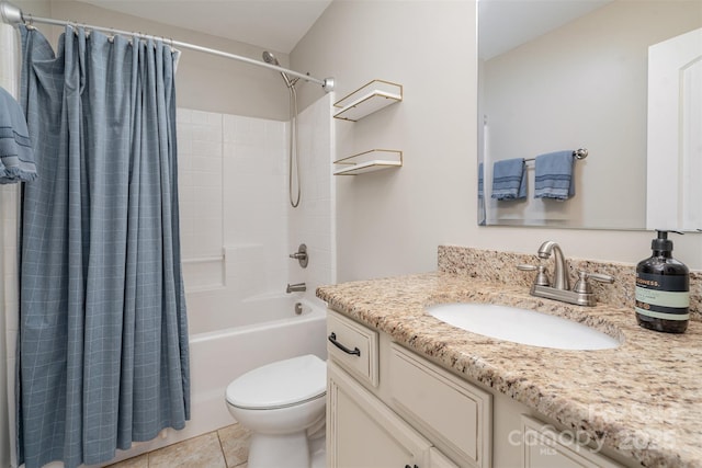 full bathroom featuring tile patterned flooring, vanity, toilet, and shower / bathtub combination with curtain