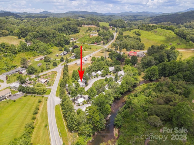 drone / aerial view featuring a mountain view