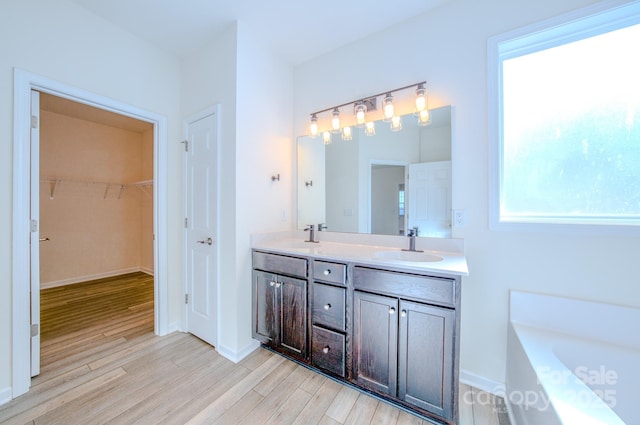 bathroom featuring wood-type flooring, vanity, and a tub to relax in