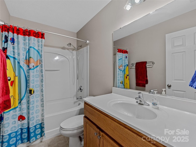full bathroom with tile patterned flooring, vanity, shower / bathtub combination with curtain, and toilet