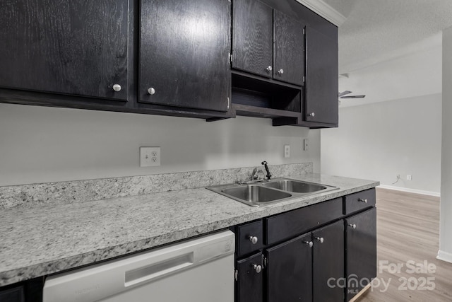 kitchen with white dishwasher, sink, and light hardwood / wood-style flooring