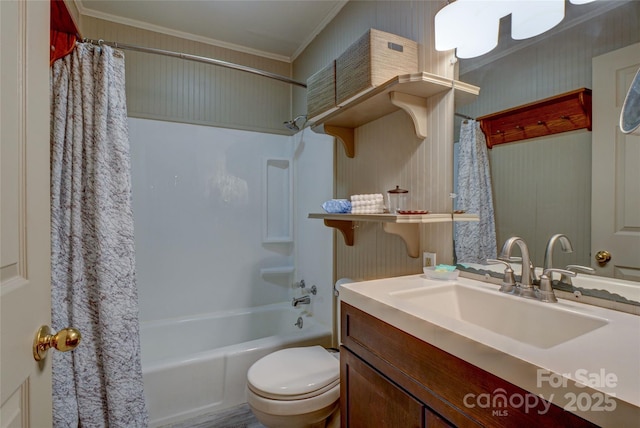 full bathroom with shower / tub combo, vanity, and toilet